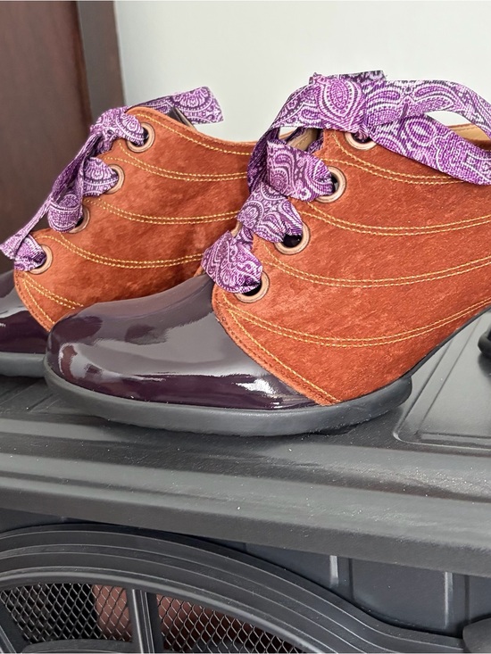 John Fluevog Shoes - John Fluevog Rust Suede & Purple Patent Wedge Booties